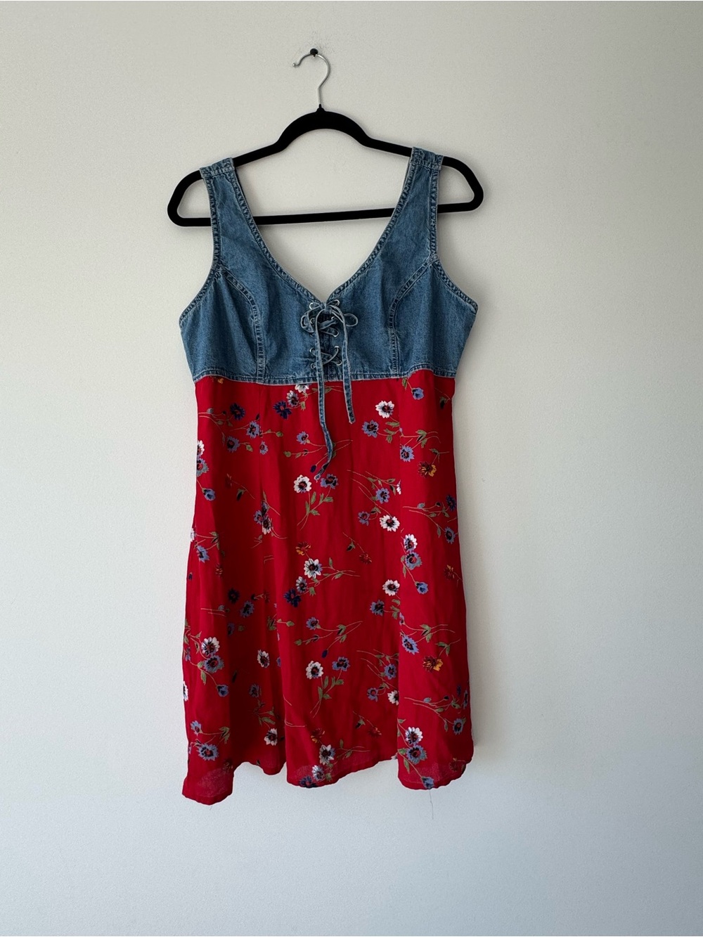 Smart Set Red Floral Dress with Denim Bodice